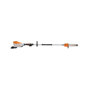 Stihl Akku-Hochentaster HTA 150, orange-grau, mit langem Stiel und Sägekopf. Ideal für Baumpflege & Astsägen im Forst.