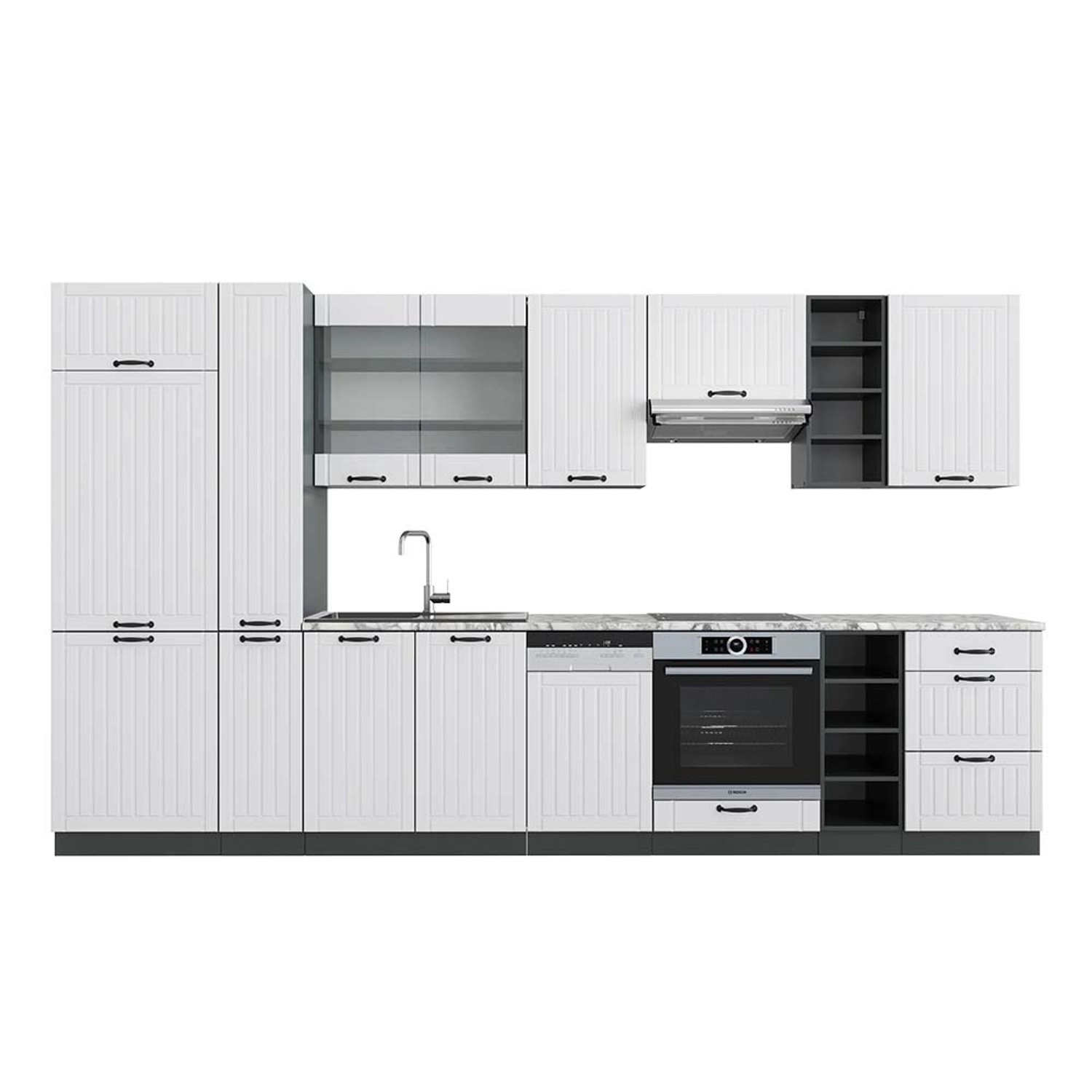 Vicco Fame-Line Küchenzeile Weiß Landhaus/Anthrazit 355 cm AP Marmor günstig online kaufen