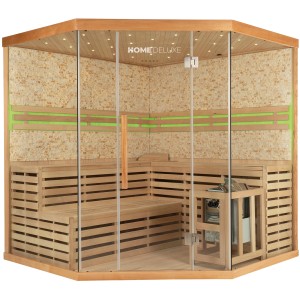 Große, traditionelle Sauna SKYLINE BIG aus Tannenholz mit Kunststeinwand und Glasfront.