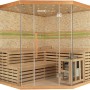 Große, traditionelle Sauna SKYLINE BIG aus Tannenholz mit Kunststeinwand und Glasfront.