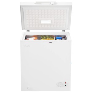 Offene, weiße Tronitechnik Gefriertruhe Borgar Pro mit LED-Griff, gefüllt mit Lebensmitteln.