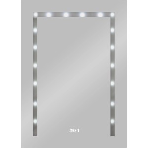 Rechteckiger LED Lichtspiegel 50x70 cm mit Digitaluhr, tageslichtweiße LEDs.
