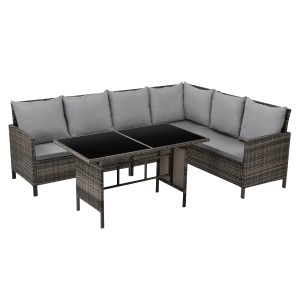 Svita Madison Rattan-Lounge Ecksofa Gartenmöbel-Set Braun mit Tisch und grauen Kissen.