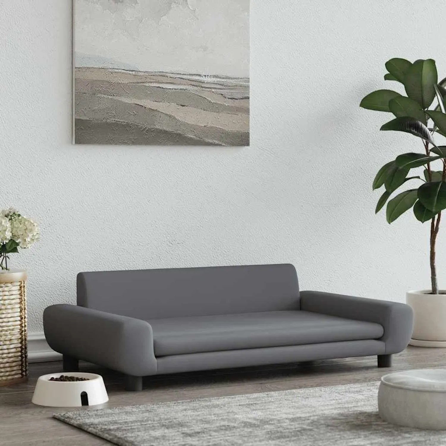 Dunkelgraues vidaXL Hundebett aus Samt, 100x54x33 cm, im Wohnzimmer.