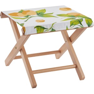 Faltbarer Strandhocker mit Holzgestell und Zitronenmuster, ideal für Camping.