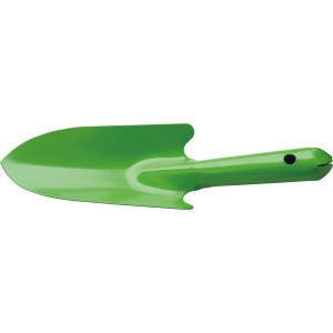 Grüne Blumenkelle aus Stahl mit Aufhängeöse für Gartenarbeiten.