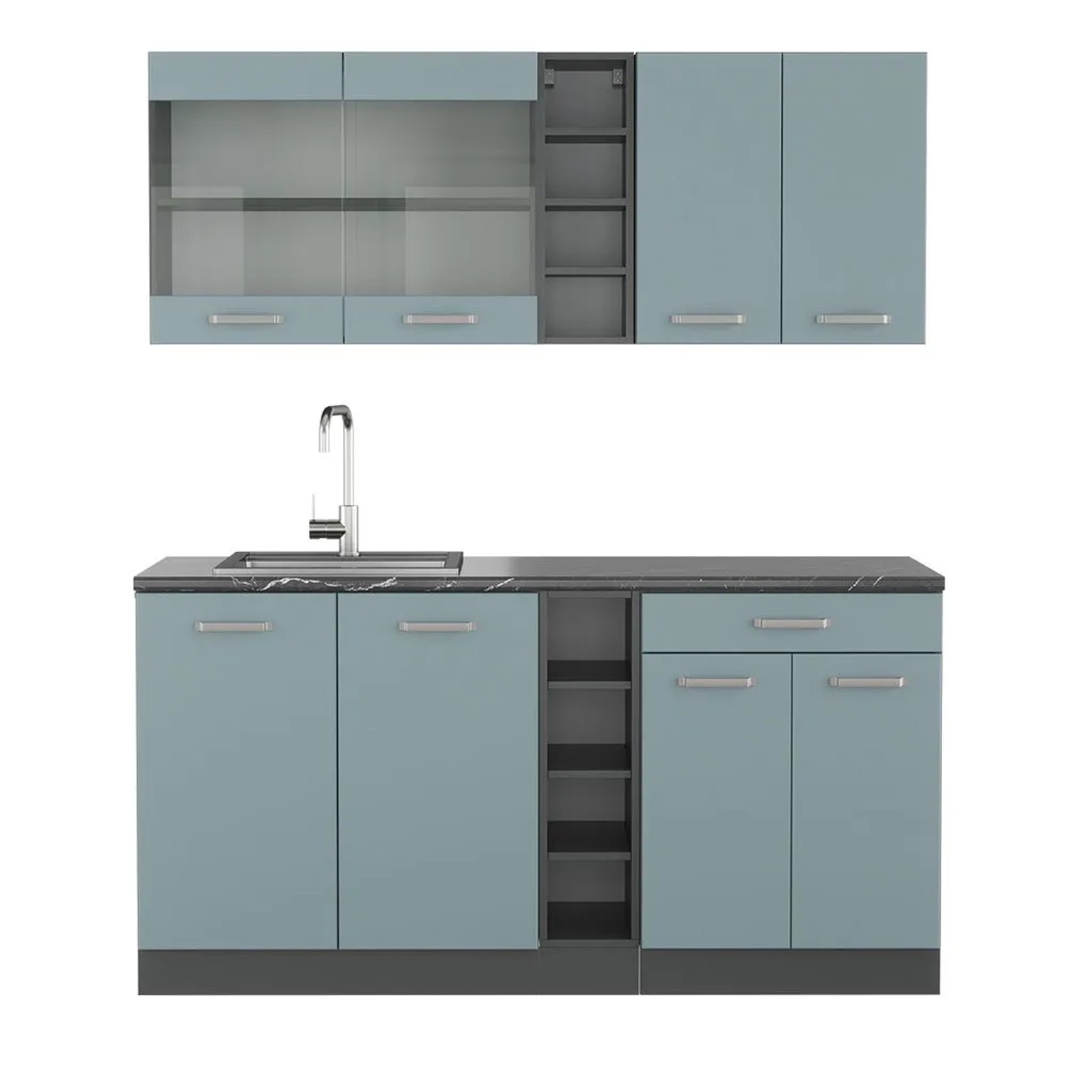 Vicco R-Line Singleküche Blau-Grau Anthrazit 160 cm AP Anthrazit ohne E-Geräte