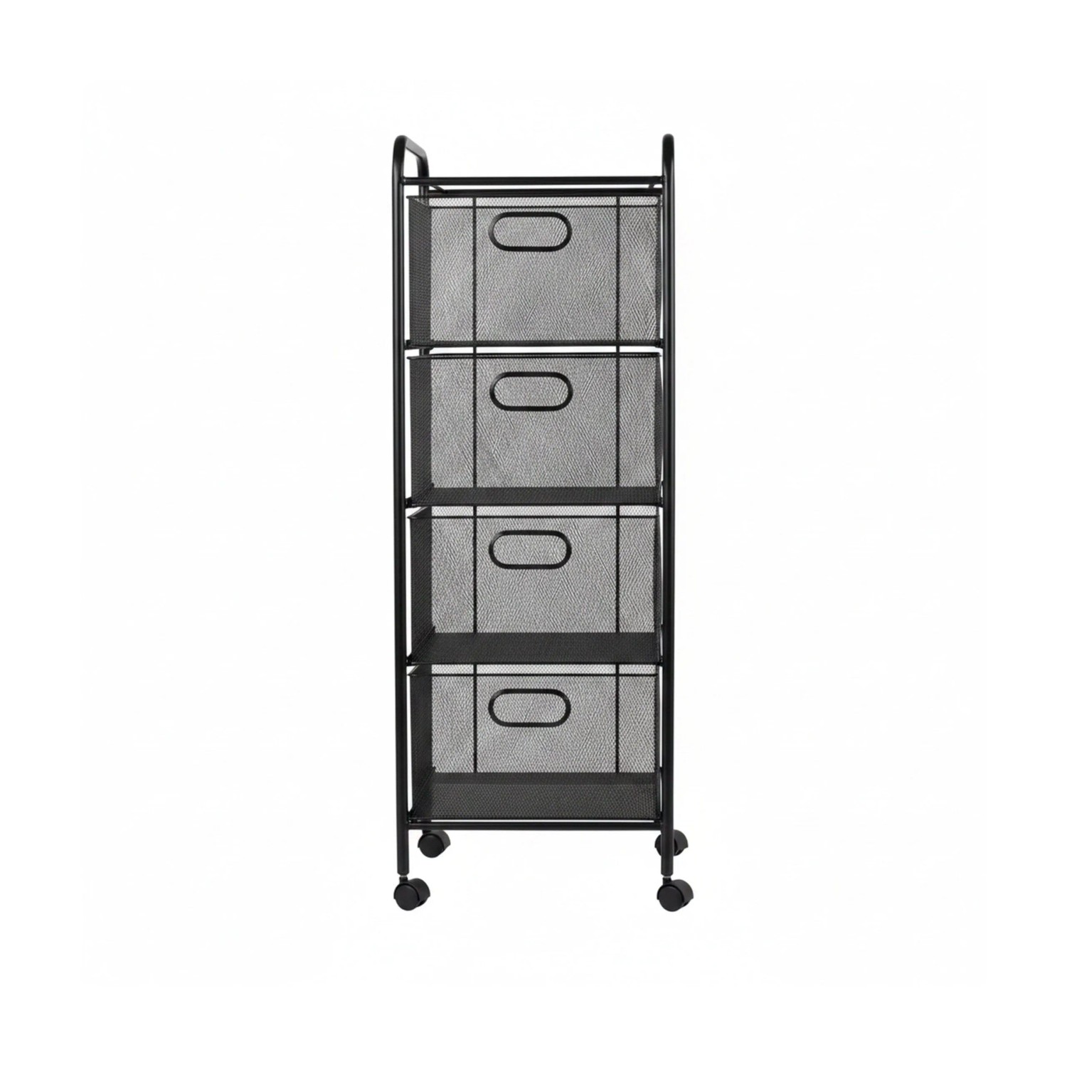 Relaxdays Rollwagen Stahl Kunststoff Schwarz mit 4 Schubladen Gitterdesign 92,5 cm x 32 cm x 33 cm