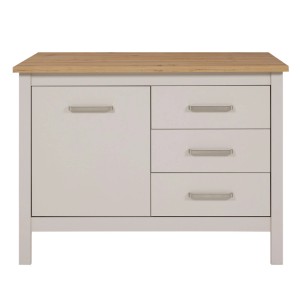 Piazza Kücheninsel 124 cm in Kaschmir mit Artisan Eiche-Arbeitsplatte, einer Tür und drei Schubladen. Moderner Küchenunterschrank.