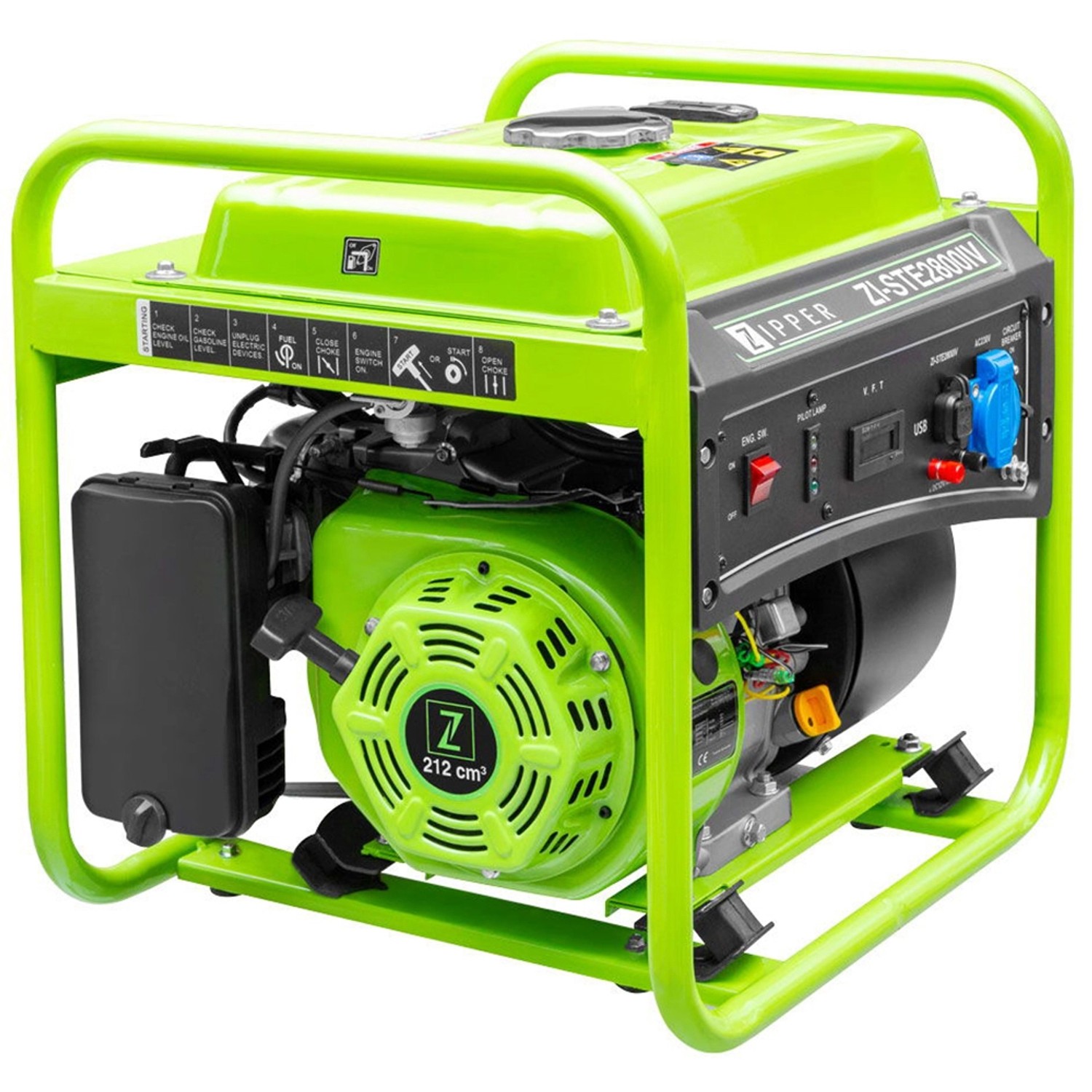 Zipper ZI-STE2800IV Inverter-Stromerzeuger in Grün mit Tragegestell, USB-Anschluss und Bedienelementen.