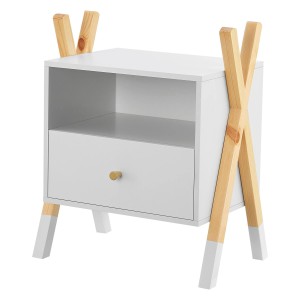 Weißer Juskys Kinder Nachttisch Jamie mit Schublade und Holzbeinen.