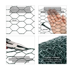 Grüner Maschendrahtzaun, Sechseckgeflecht, 0,5x5m, 16mm Maschenweite, 0,9mm Drahtstärke, PVC-beschichtet.