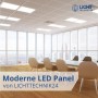 Büro mit Rasterdecke und LED Panel 62x62 cm mit Dämmerungssensor, neutralweißes Licht.