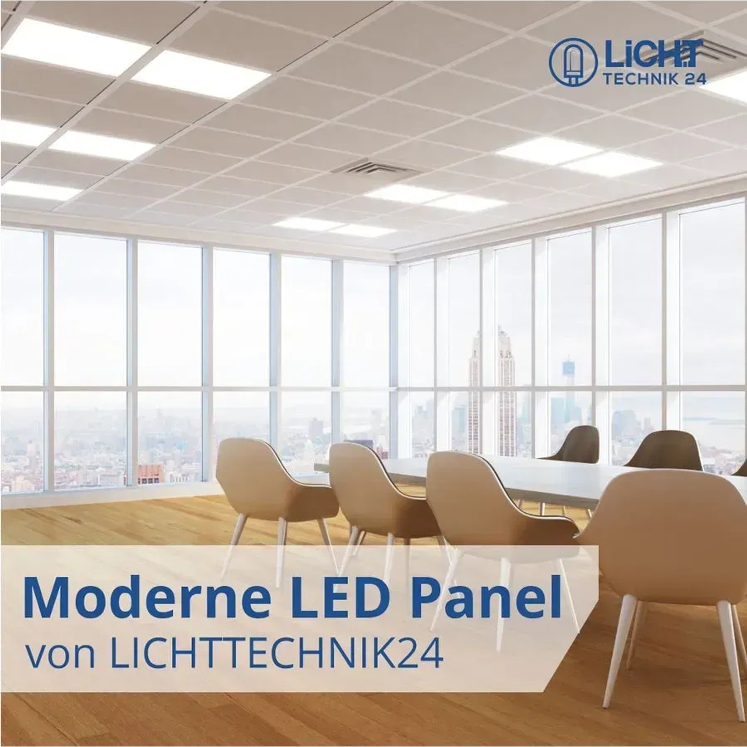 Büro mit Rasterdecke und LED Panel 62x62 cm mit Dämmerungssensor, neutralweißes Licht.