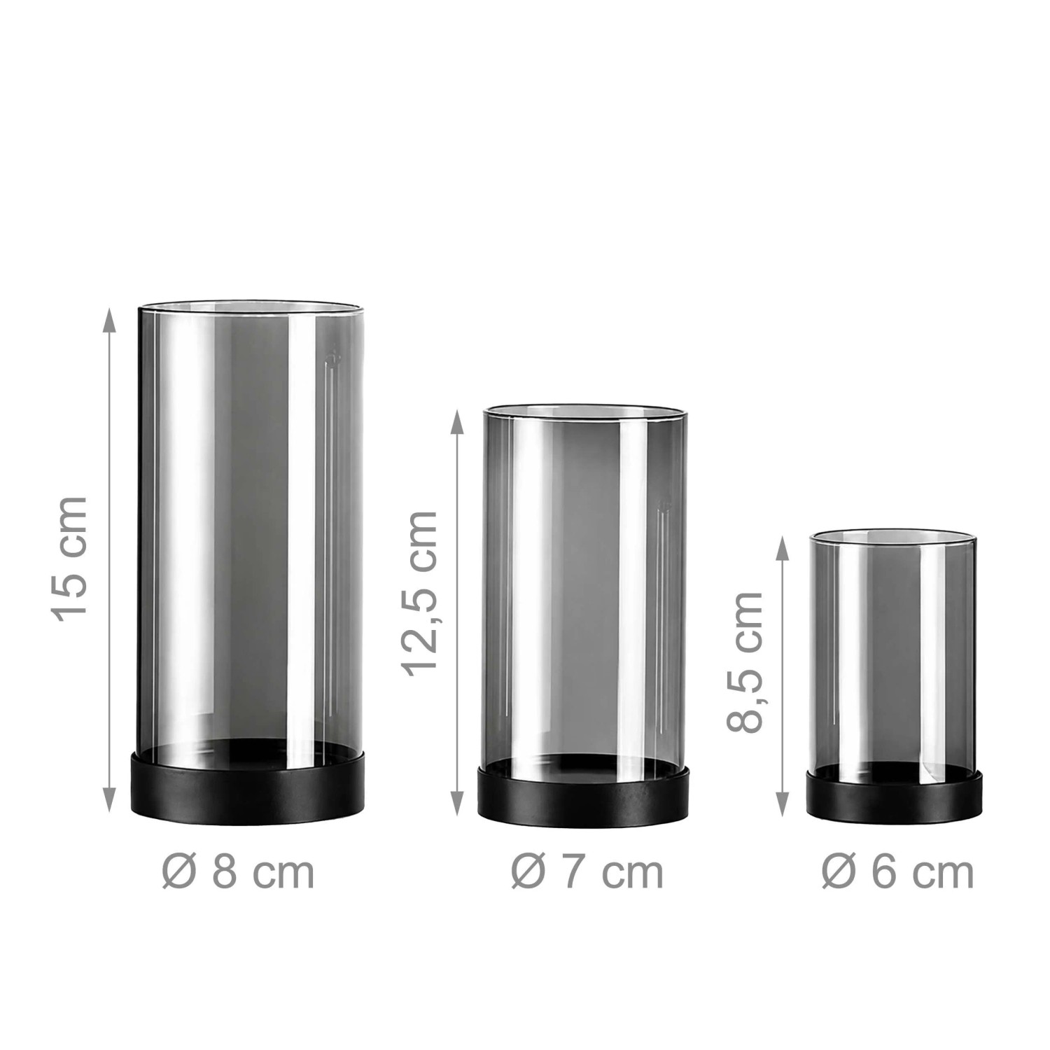 Drei zylindrische Rauchglas Windlichter mit schwarzem Eisenfuß in 3 Größen: 15x8, 12.5x7, 8.5x6 cm. Kerzenhalter Set.