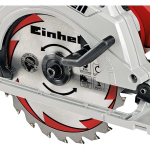 Detailaufnahme: Einhell TE-CS 165 Handkreissäge mit Sägeblatt und rotem Akzent.