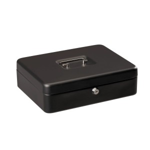 Schwarze CMI Geldkassette (groß) aus Stahl mit Tragegriff und Zylinderschloss.