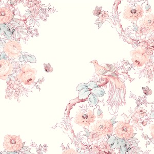 Laura Ashley Vliesfototapete Birtle mit Rosen, Mohnblumen, Vögeln und Schmetterlingen in zarten Farben.