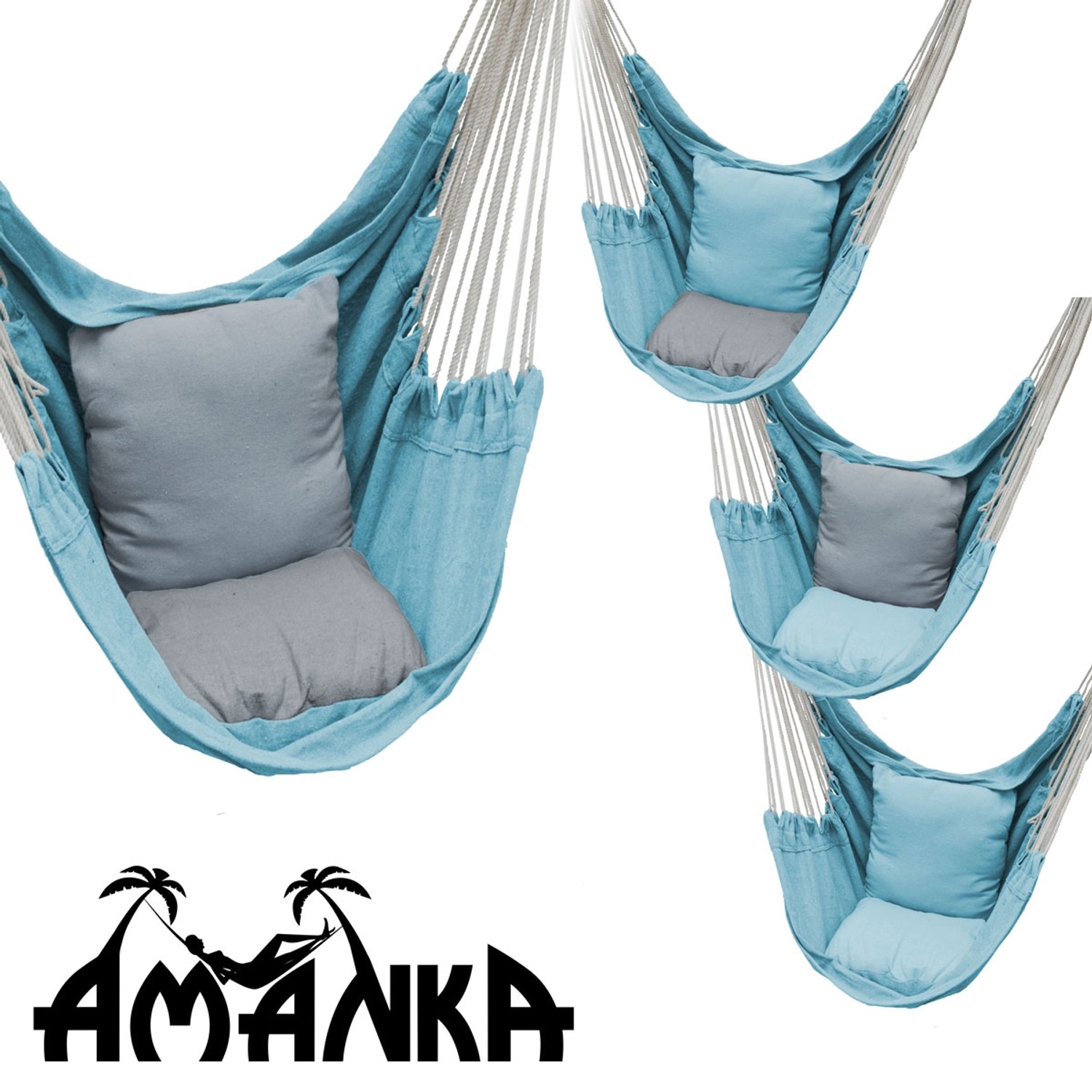 AMANKA Hängestuhl mit Gestell, blau, inkl. Kissen. Hängesessel für Garten & Balkon.