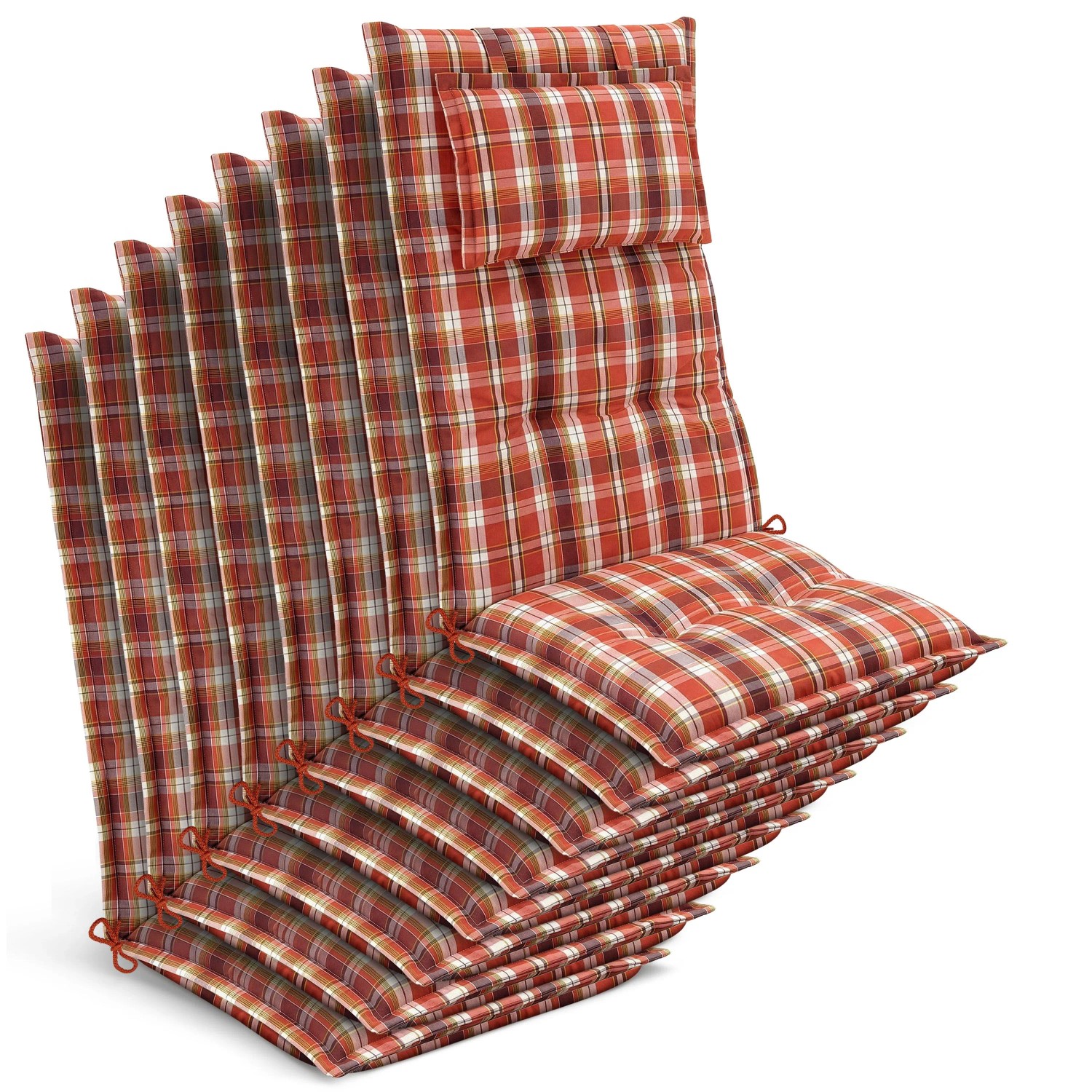 Beautissu 8x Gartenstuhlauflage Hochlehner 120x50x7cm Orange-Rot-Grün-Kariert