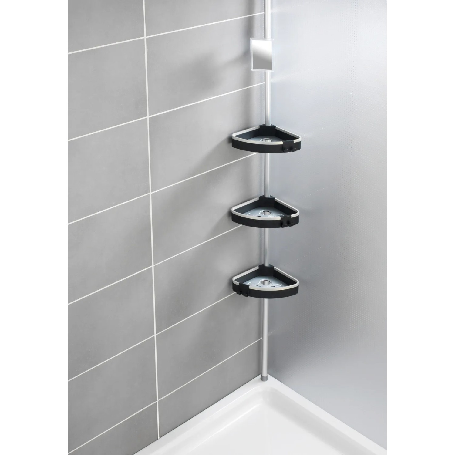 Wenko Teleskop Duschregal Wave Aluminium mit drei Ablagen in Dusche.