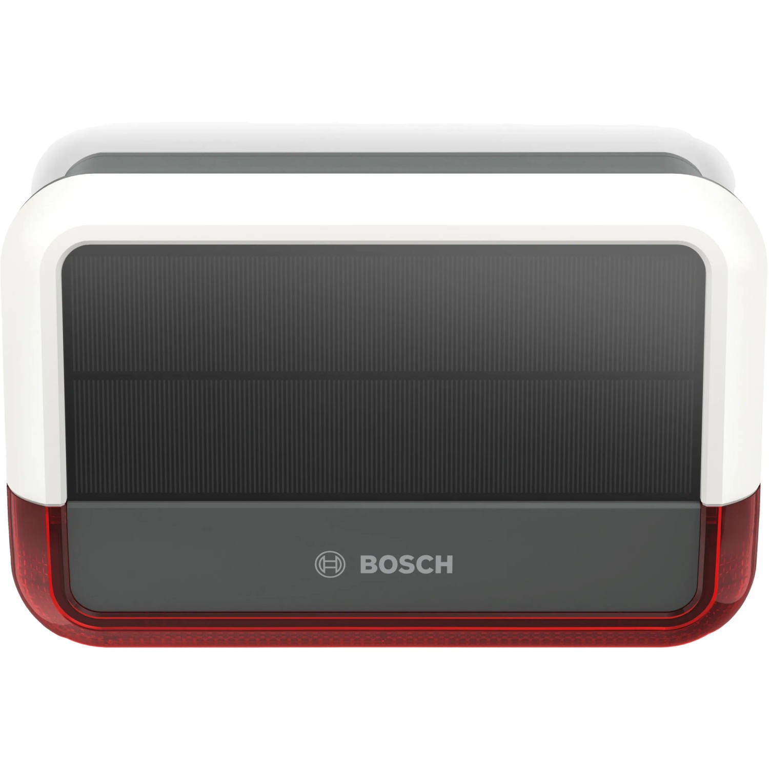 Bosch Smart Home Außensirene mit Solarpanel für Alarmanlagen, rot blinkend.