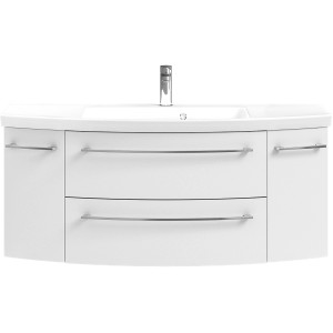 Pelipal Quantum 01 Waschbeckenunterschrank, 119 cm, Weiß Hochglanz mit zwei Schubladen und Griffen.