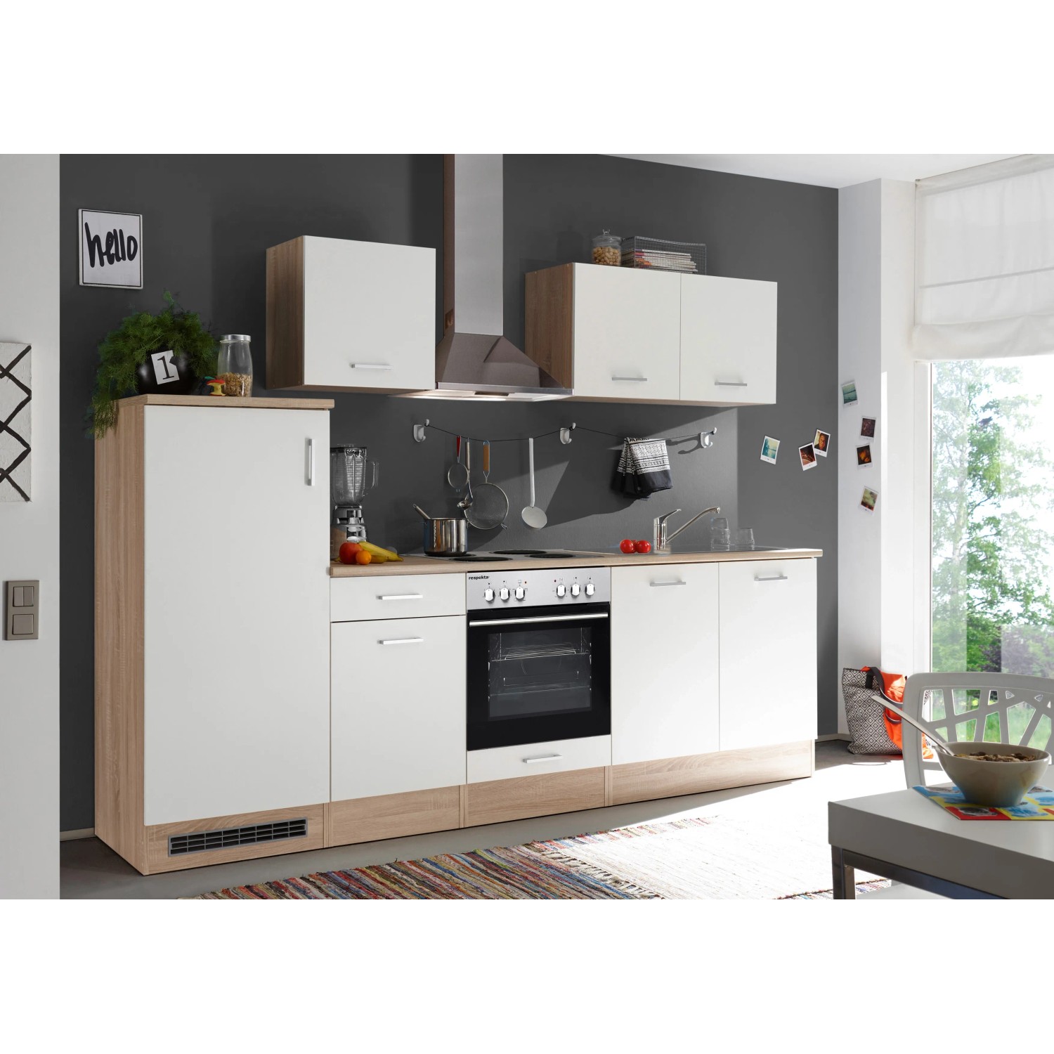 Respekta Küchenzeile KB270ENWP, 270 cm, Weiß/Eiche-Optik, glänzend. Einbauküche mit E-Geräten.