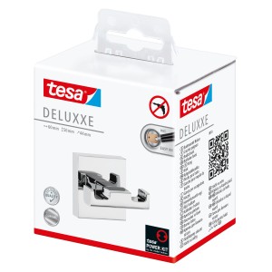 Verpackung des Tesa Doppelhaken Deluxxe Chrom Handtuchhalters. Wandmontage ohne Bohren.