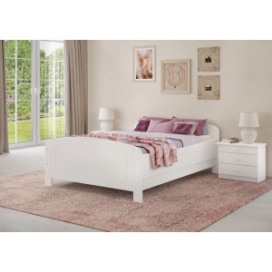 Weißes Holzbett 140x200 cm mit Rollrost, Kiefer massiv, verstellbare Einlegetiefe.