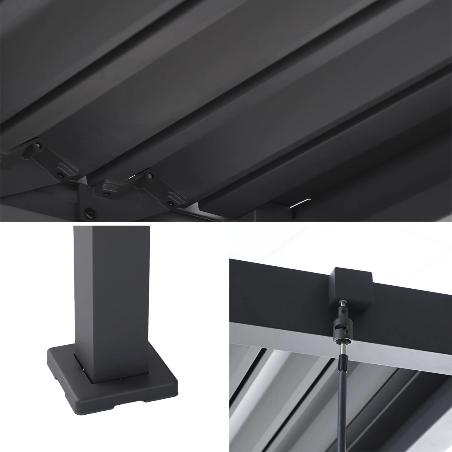 MWH Pergola Origin 88 Anthrazit: Verstellbare Lamellen, stabiler Stahlpfosten und Einstellmechanismus für Sonnenschutz.