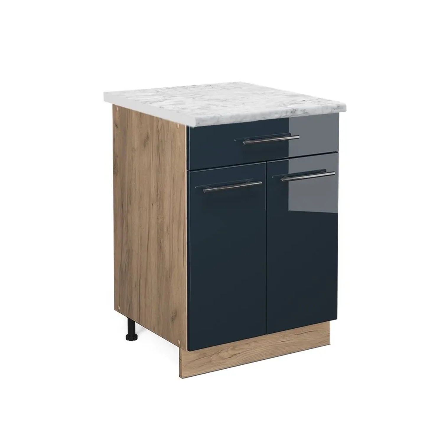 Vicco Küchenunterschrank Fame-Line DunkelBlau Hochglanz Goldkraft Eiche 60 cm mit Schublade AP Marmor