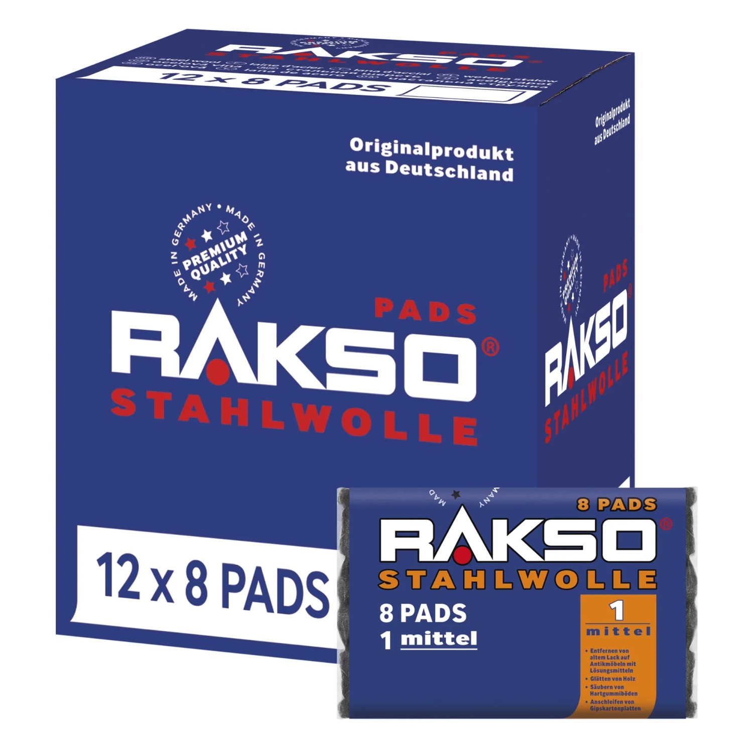 RAKSO Stahlwolle Pads Sorte 1 Mittel 12 x 8 Stück