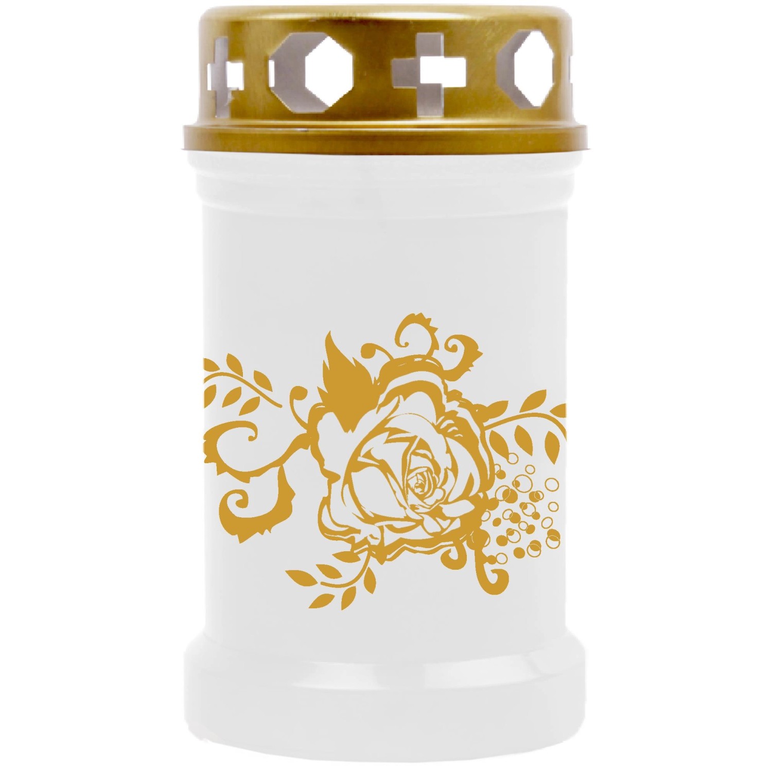 HS Candle Grabkerze Weiß 40h Inkl. Deckel & Druck Gold Rose Ranke günstig online kaufen