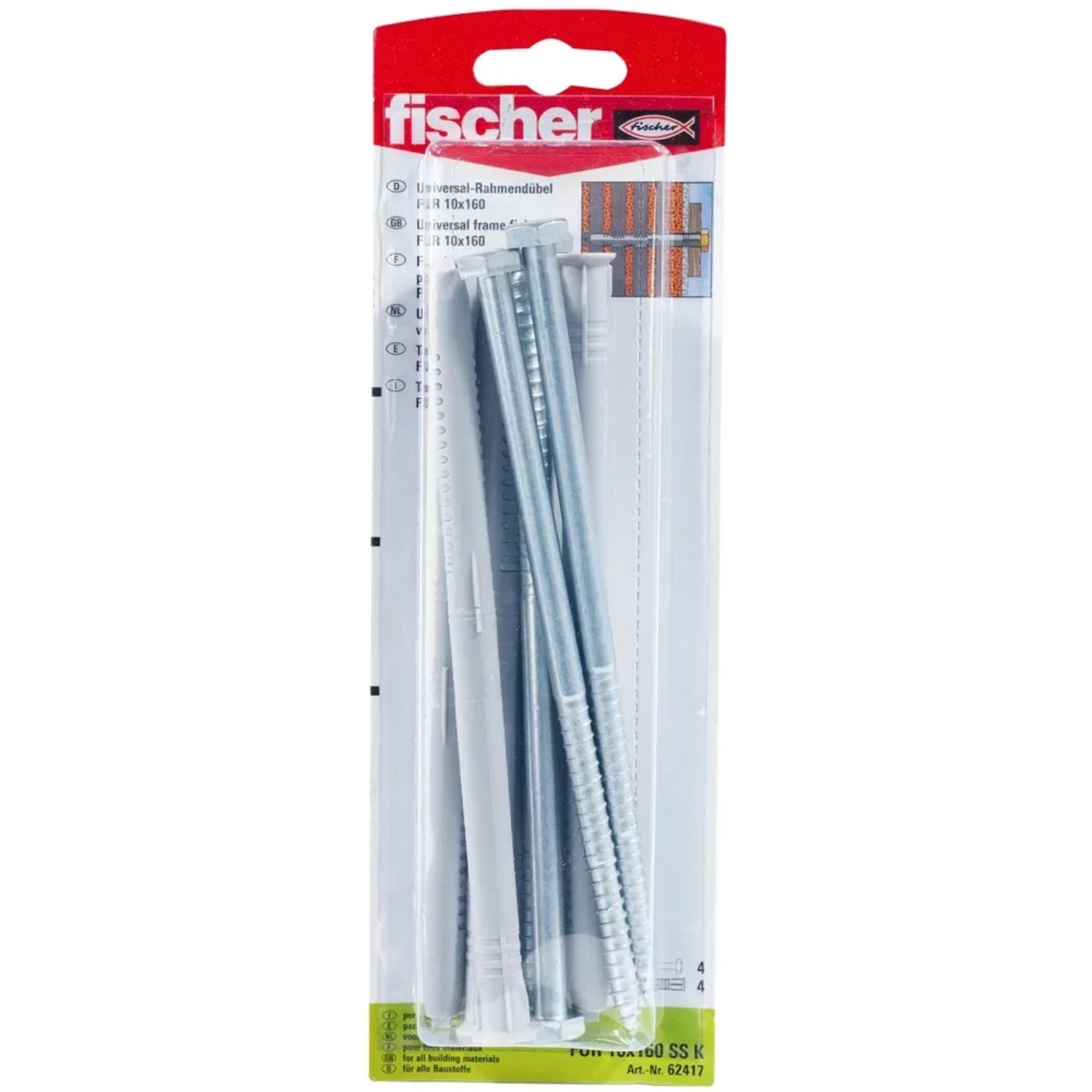 Fischer Universalrahmendübel FUR 10 x 160 mm, 4er-Set mit Schrauben, geeignet für verschiedene Baustoffe.