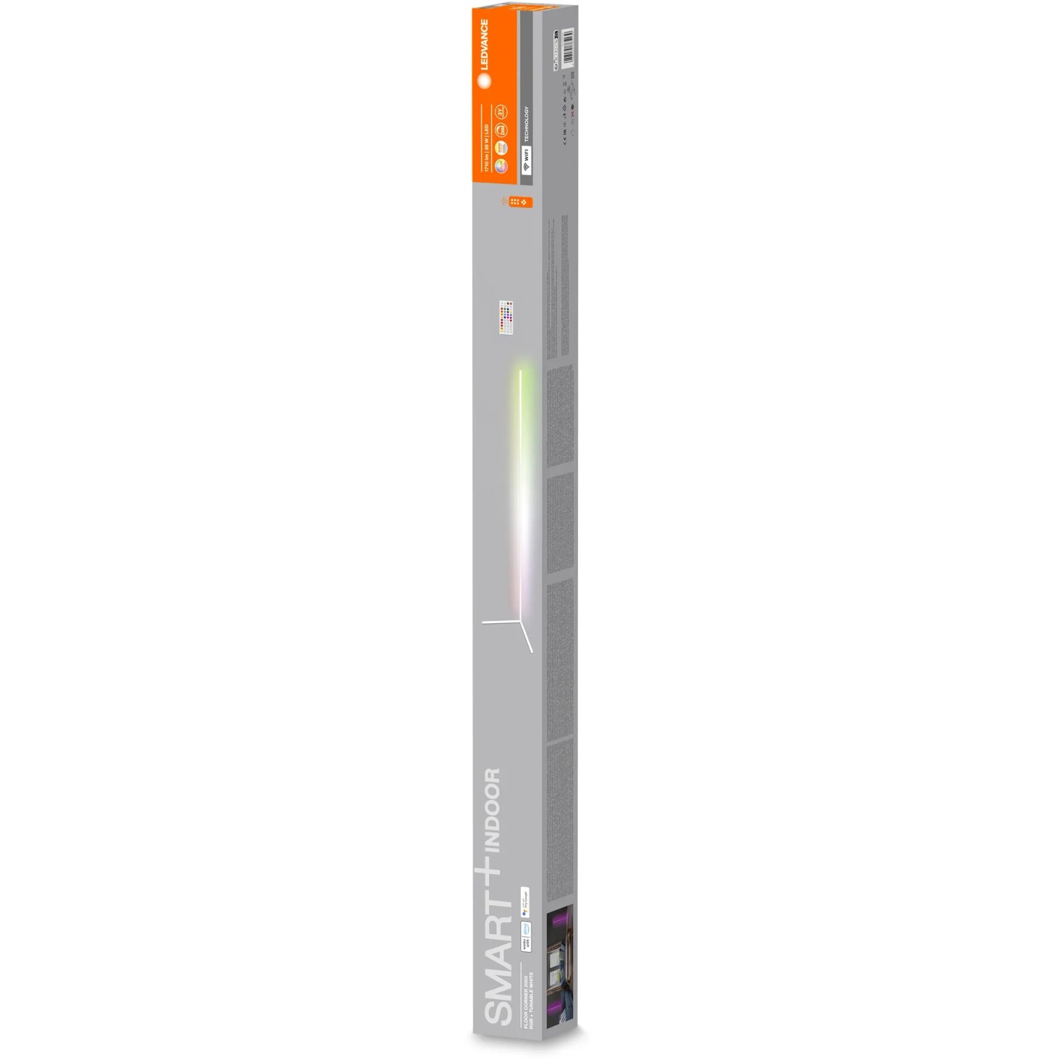 Verpackung der Ledvance Smart+ WiFi Stehleuchte, 200cm, RGBTW, Weiß. Smarte Leuchte für indirekte Beleuchtung.