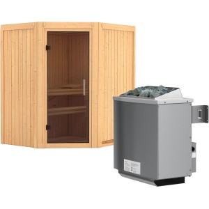Karibu Sauna Tjorven mit Ofen und Glastür Graphit für entspanntes Saunieren.