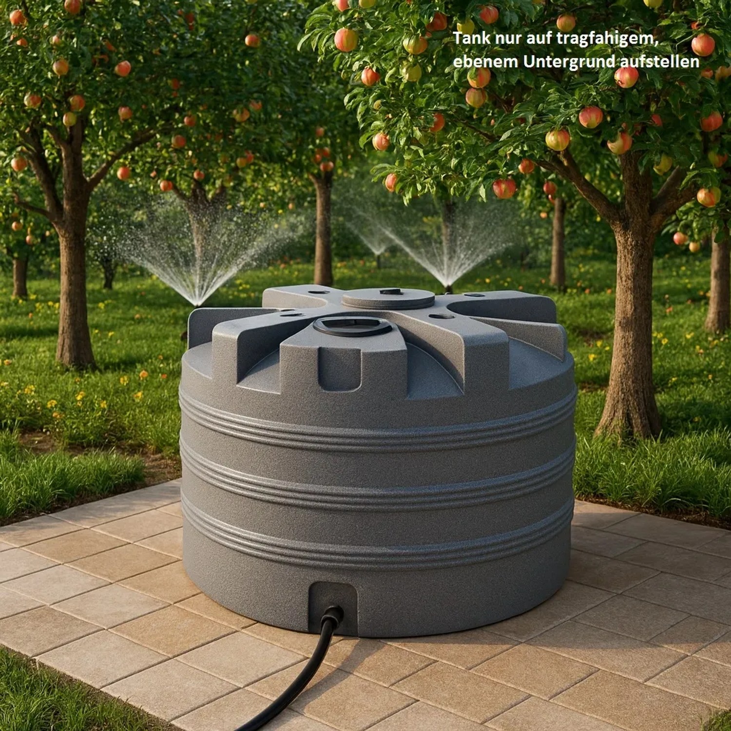 Marmorierter KMND 5000L Trinkwasser Wassertank im Garten mit Bewässerung.