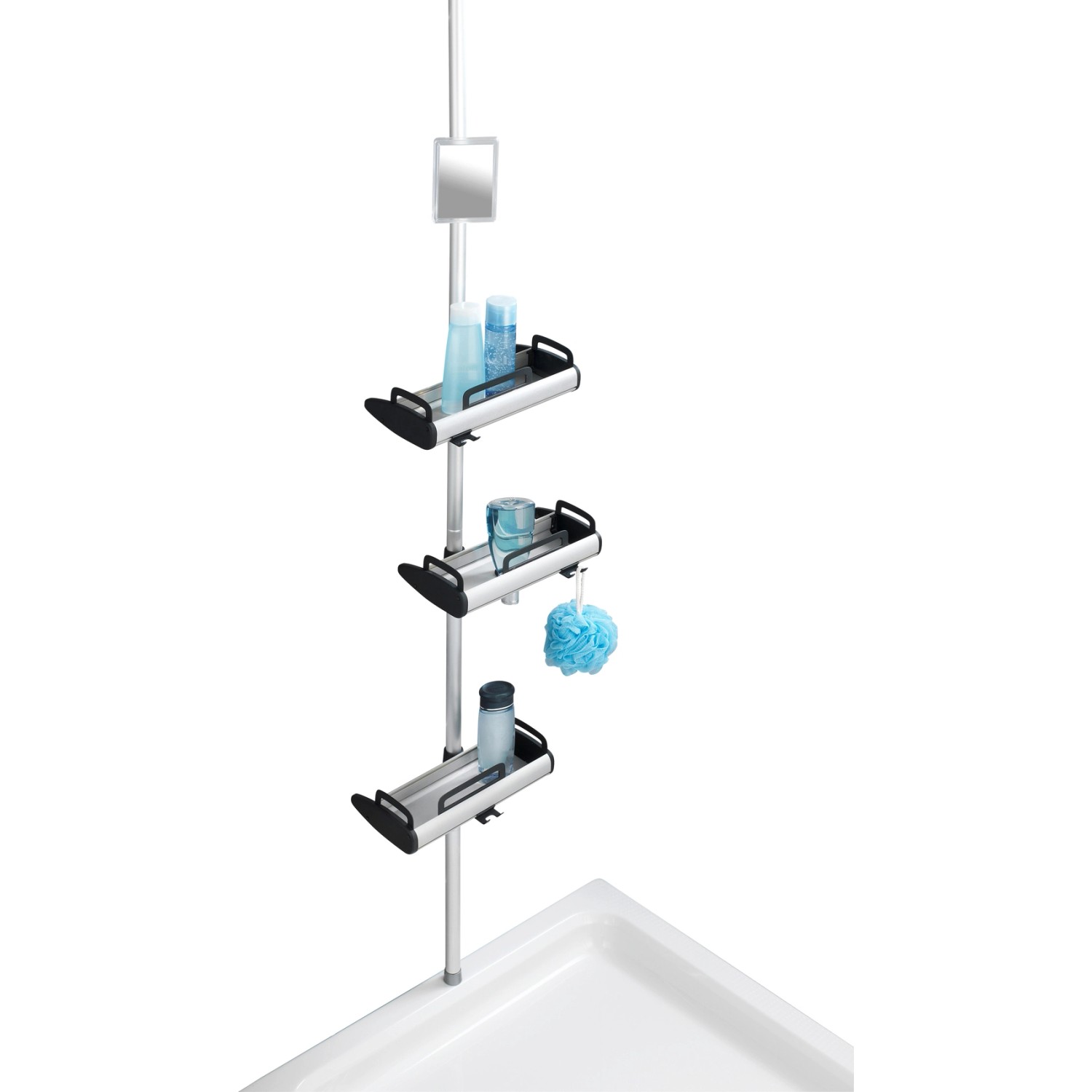 Wenko Teleskop Duschregal Line aus Aluminium mit drei Ablagen und Spiegel.