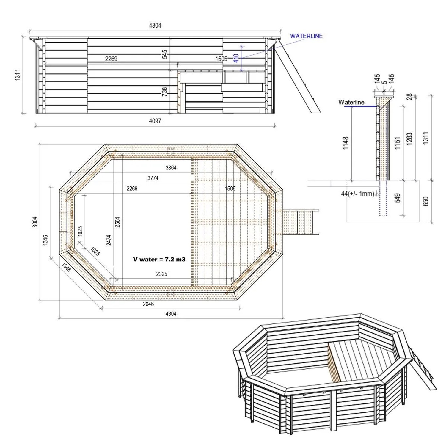 ALTANKA Holzpool Nemo 4,3x3 Höhe 1,31 m GRAU mit Liegefläche mit am Beton Verschraubten Stützen BAS7303OSPL2+PLA303_4