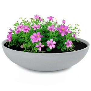 Hellgraue, marmorierte Pflanzschale (37 cm) von matches21, bepflanzt mit rosa Blumen.