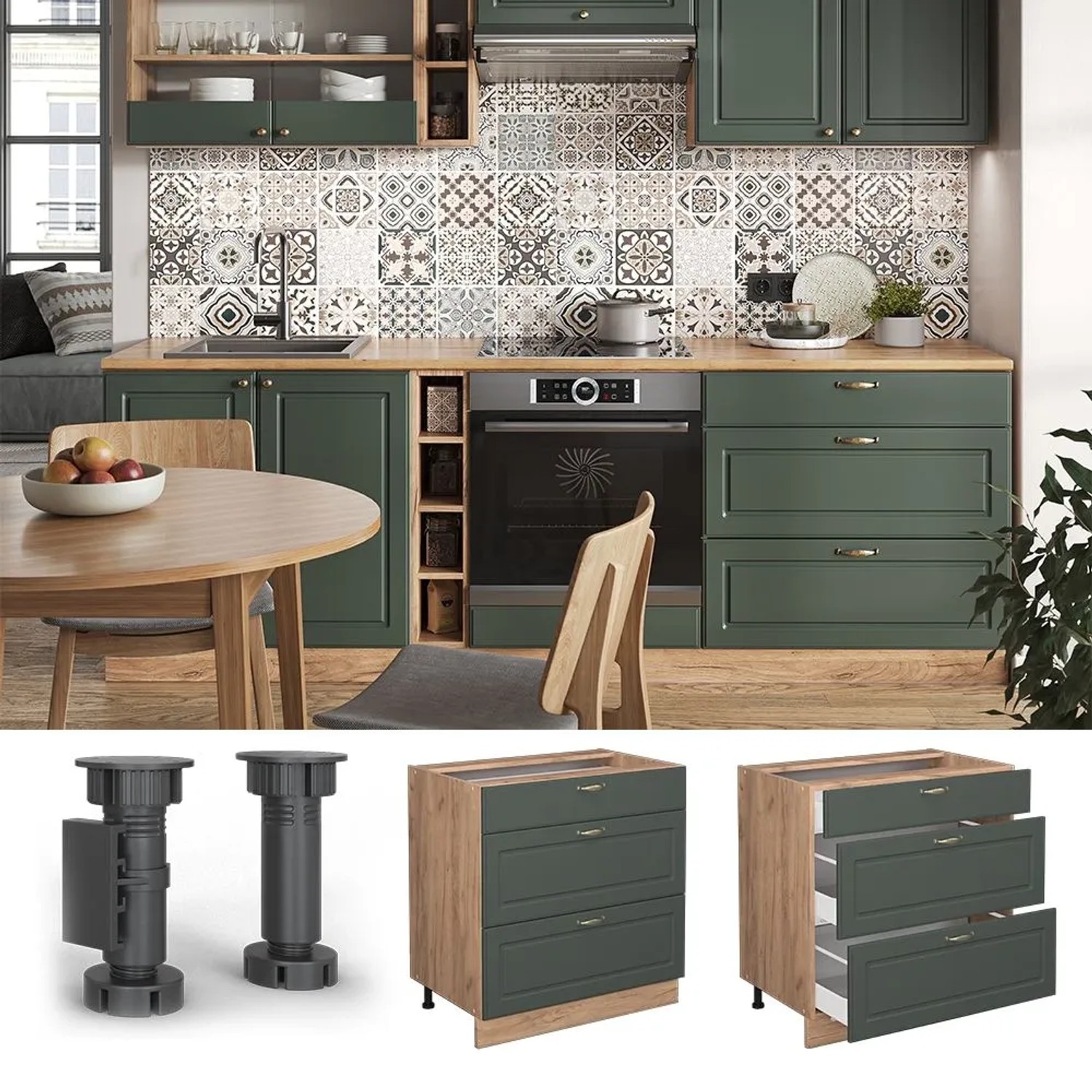 Vicco Küchenunterschrank Fame-Line Grün-Gold Landhaus Goldkraft Eiche 80 cm mit 3 Schubladen ohne Arbeitsplatte_2