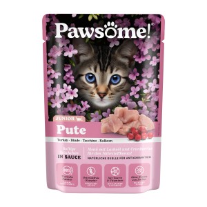 Pawsome Katzen-Nassfutter Junior Pute, 85g Packung mit Katzenmotiv und Futterstückchen.