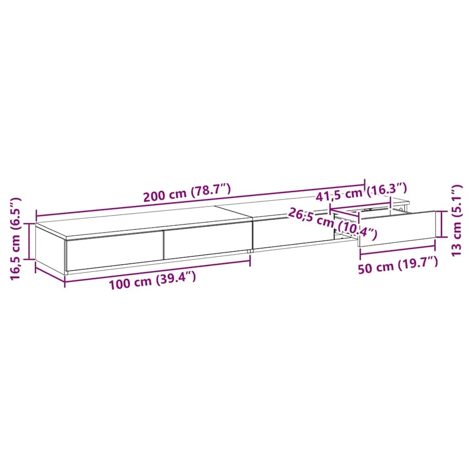 Weiße vidaXL Bettschubladen aus Holzwerkstoff, 200 cm lang, mit drei Schubladen. Ansicht mit Maßen.