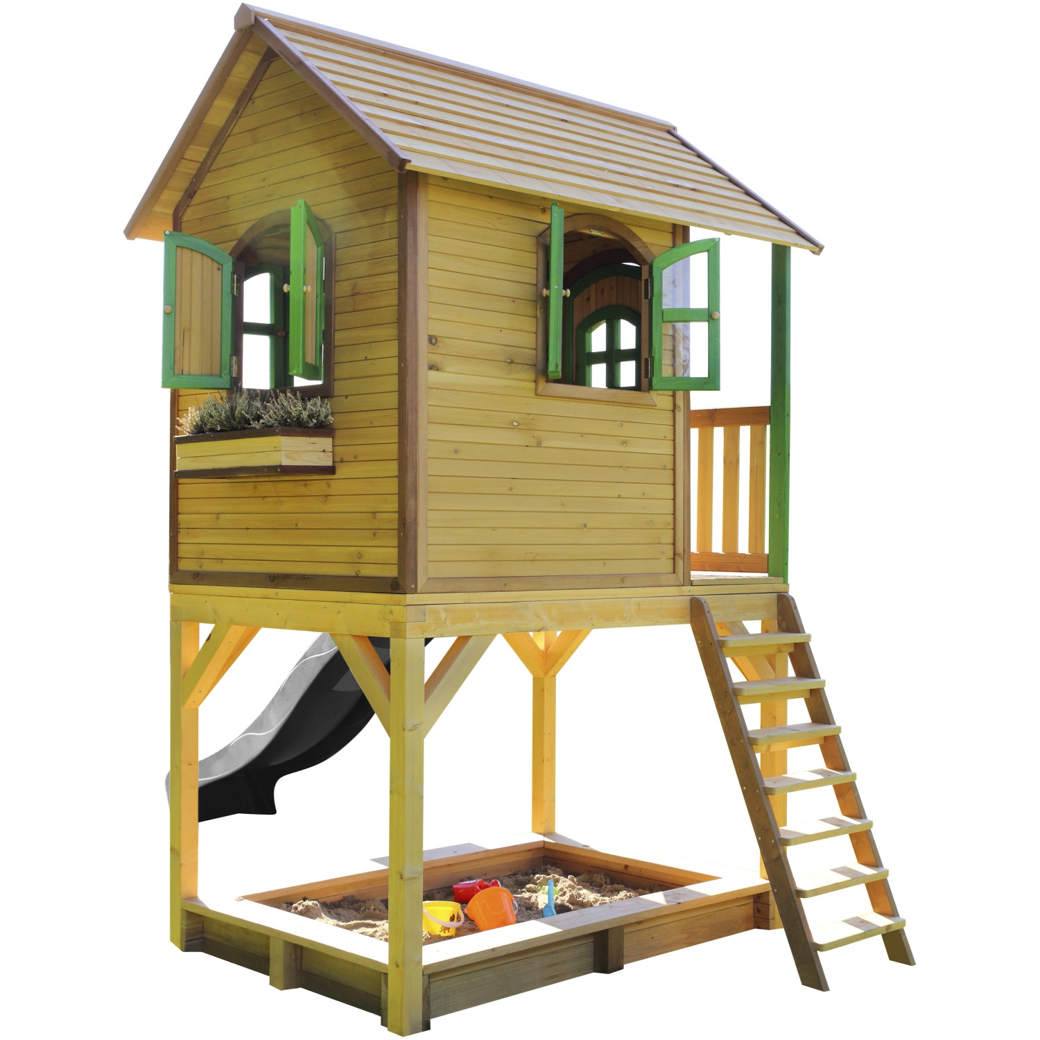 Axi Sarah Spielhaus aus Holz mit Rutsche, Leiter und Sandkasten in Braun, Grün und Grau.