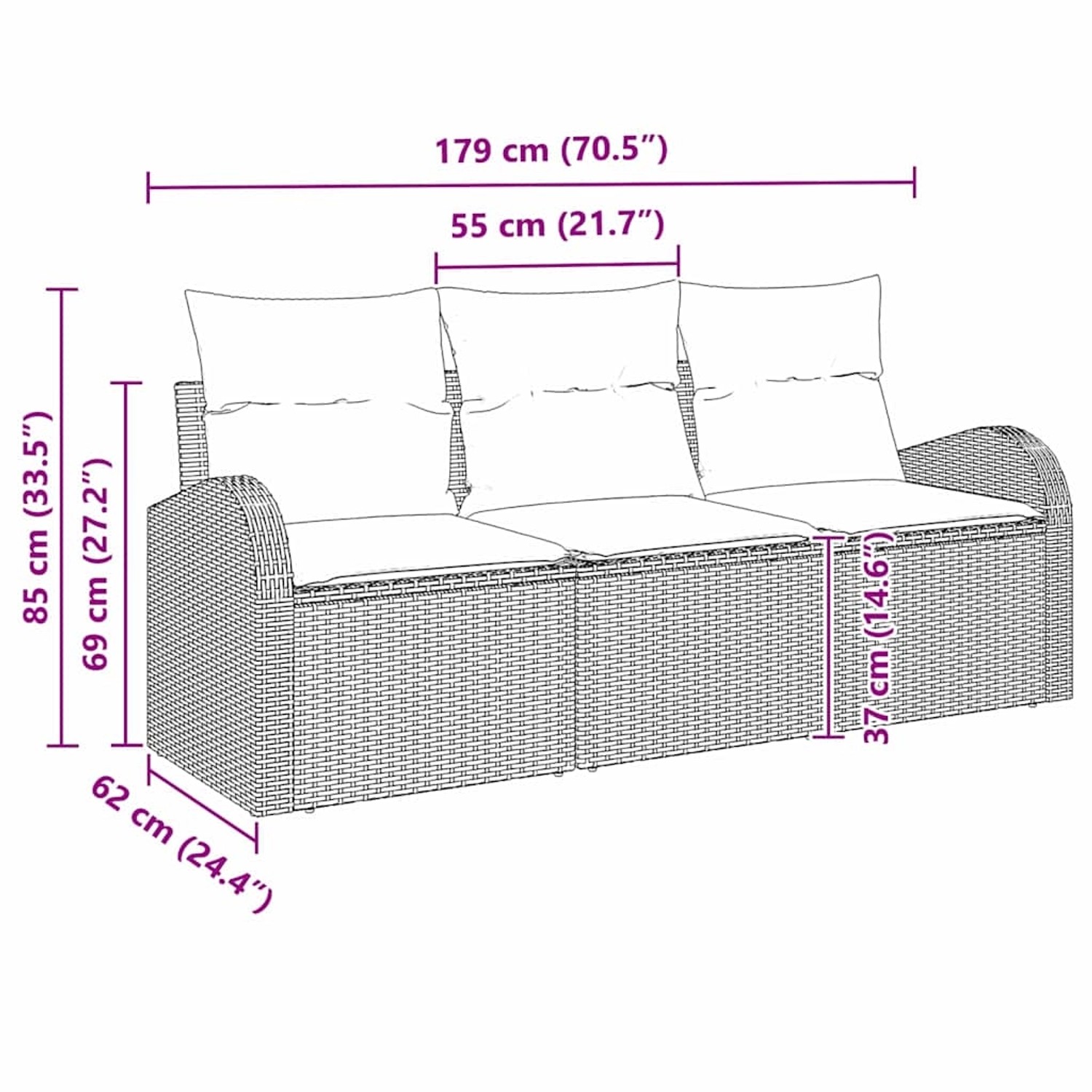 vidaXL Gartenmöbel-Set, 3-teilig, beige Poly Rattan Sofa mit Kissen, Maße