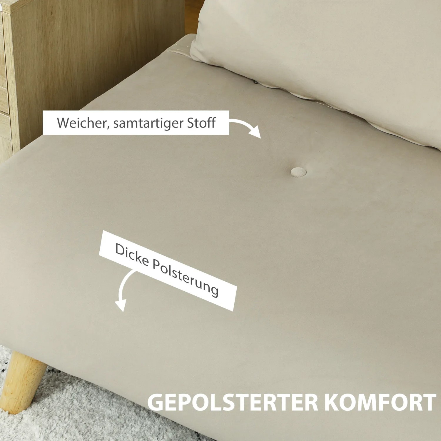 Beiges HOMCOM 3-in-1 Schlafsofa mit Knopfdetail, weichem Samtstoff und Holzfüßen.