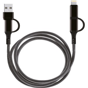 Schwarzes USB 4-in-1 Ladekabel mit USB-A, USB-C und Lightning-Anschluss für Audio-Zubehör.
