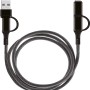 Schwarzes USB 4-in-1 Ladekabel mit USB-A, USB-C und Lightning-Anschluss für Audio-Zubehör.