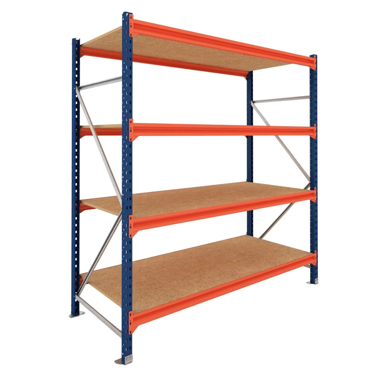 PROREGAL Weitspannregal Schwerlastregal DOMINUS Grundregal 250x195x80cm 4 Ebenen Spanplatten-Fachboden Fachlast 350 kg Blau/Orange